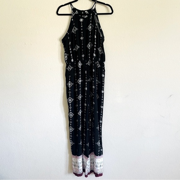 Woman's floral black jumpsuit cinched waist size L wide leg summer bohemian chic - Picture 1 of 11